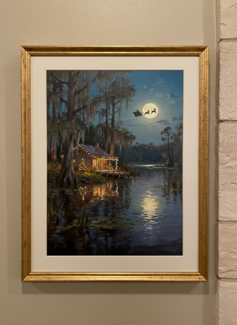 K&ouml;nnte beinhalten: Gerahmtes Gem&auml;lde einer n&auml;chtlichen Weihnachtsszene. Eine H&uuml;tte mit funkelnden Lichtern liegt an einem See, mit Vollmond und dem Schlitten des Weihnachtsmanns am Himmel. Das Kunstwerk ist in einem goldfarbenen Rahmen gerahmt.