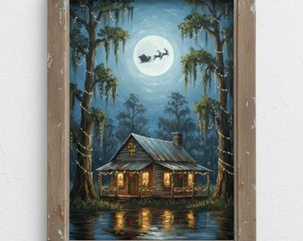 Bayou Santa Cabin Digital Art Print | Louisiana Weihnachtsmalerei | Rustikale Hütte Kunstdruck | Cajun Urlaub Dekor | Sofort Download