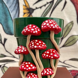 Mushroom, Forest Green Terracotta Flower Pot/ Planter. Hand painted /Hand Molded Clay, Red Mushrooms.