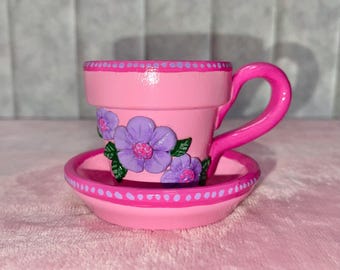 Hand-Painted/Hand-made, Pink Teacup Planter with Clay Purple Flowers, Terracotta Pot and Saucer