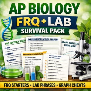 May include: An educational graphic for AP Biology, featuring the text "AP BIOLOGY FRQ + LAB SURVIVAL PACK." The image includes a microscope, lab equipment, and study guides with phrases and terms for experimental design and graph analysis.