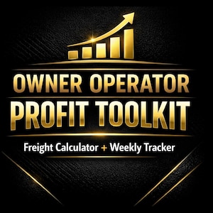 May include: A gold-colored logo on a black background. The text reads "OWNER OPERATOR PROFIT TOOLKIT" with "Freight Calculator + Weekly Tracker" below. A gold bar graph with an upward arrow is at the top.