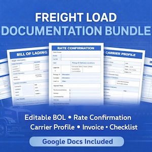 Könnte beinhalten: Blaue Grafik mit dem Text „FREIGHT LOAD DOCUMENTATION BUNDLE“. Das Bild zeigt mehrere Dokumente, darunter ein Konnossement, eine Preisbestätigung, ein Spediteurprofil und eine Rechnung. Der Text „Editable BOL, Rate Confirmation, Carrier Profile, Invoice, Checklist“ ist ebenfalls sichtbar.