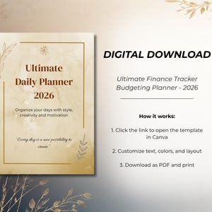Può includere: Annuncio per un download digitale dell'"Ultimate Daily Planner 2026". L'agenda è progettata per aiutare a organizzare le giornate con stile, creatività e motivazione. L'annuncio include anche istruzioni su come utilizzare l'agenda.