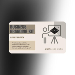 Può includere: Un kit di branding aziendale con il testo "BUSINESS BRANDING KIT LUXURY EDITION". Il kit include 8 diapositive Canva modificabili, personalizzabili per progetti aziendali, di marketing e creativi. L'immagine presenta anche un logo e il testo "VIGERdesign Studio".
