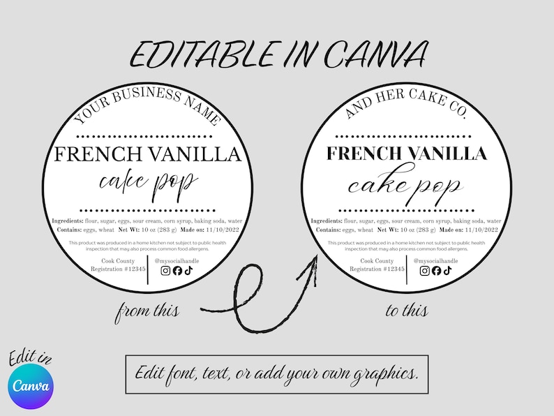 May include: Two circular labels for French Vanilla cake pops, with text including "Your Business Name" and "And Her Cake Co." The labels show ingredients, net weight of 10 oz (283 g), and production date. The image also includes the text "Editable in Canva."