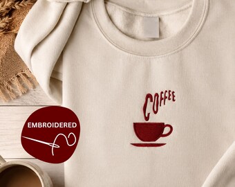 Felpa ricamata con tazza di caffè, girocollo minimalista, regalo per gli amanti del caffè