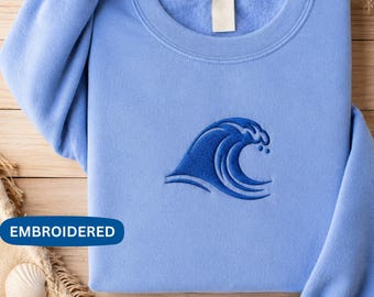 Felpa con motivo a onde ricamate, ricamo minimalista sull'oceano, regalo per gli amanti della spiaggia.