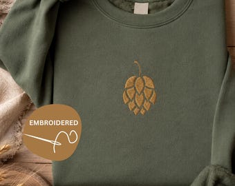 Felpa con ricamo a cono di luppolo, minimalista, regalo per amanti della birra, abbigliamento ispirato alla natura.