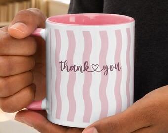 Tazza di ringraziamento a righe rosa, tazza da caffè con scritta "Grazie", regalo per insegnanti, amici e colleghi.