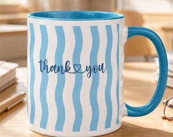 Tazza di ringraziamento a righe blu, tazza da caffè con scritta "Grazie", regalo per insegnanti, amici e colleghi.