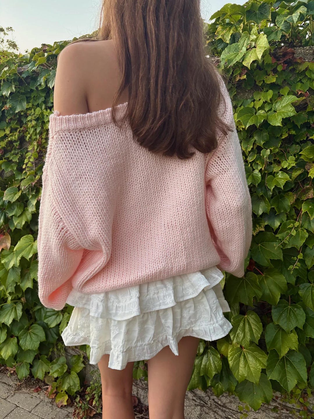 Oversized Off The Shoulder Pink Sweater