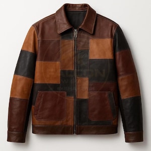 May include: A patchwork leather jacket in shades of brown and black. The jacket features a collared neckline, a full-length zipper, and two front pockets. The design is a mix of rectangular and square panels.