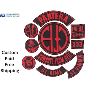 May include: A collection of black and red embroidered patches featuring the Pantera logo, the text Cowboys From Hell, St. Dime, and St. Vinnie, along with circular patches depicting a guitarist and a bearded figure, plus a square patch with 333.