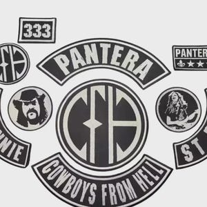 May include: A collection of black and white embroidered patches featuring the Pantera logo, the text Cowboys From Hell, 333, St. Vinnie, and St. Dime, along with circular emblems displaying the CFH monogram and portraits of band members.