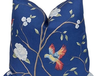Sapphire Blue Chinoiserie Pillow Cover: Floral Bird Design, Vern Yip