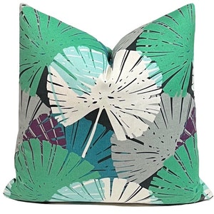 Outdoor Tropical Leaf Pillow Cover | Teal Turquoise Purple Palm Leaf Throw Pillow | Indoor Outdoor Cushion Cover