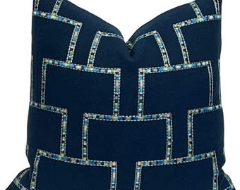 Embroidered Wool Pillow Cover: Blue Teal Geometric Lattice, Fabricut Designer