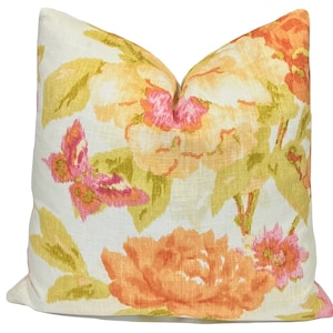 Watercolor Floral Pillow Cover: Pink Orange Green Linen Blend
