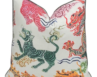 Multicolor Tibetan Mythical Dragon & Tiger Throw Pillow Cover | Bright Animal Print Pillow | Home  Decor Throw Pillow  with Cord Trim