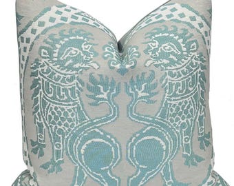 Chinoiserie Mythical Lion Pillow Cover: Aqua Teal Woven Throw Pillow | Designer Fabric "Mitaka Water" by Robert Allen