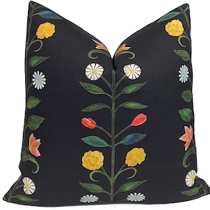 Floral Botanical Pillow Cover: Black Multicolor Vine, Green Satin Back