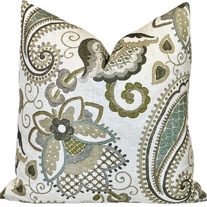 Kravet Infusion Paisley Floral Pillow Cover: Grey Khaki Linen Blend
