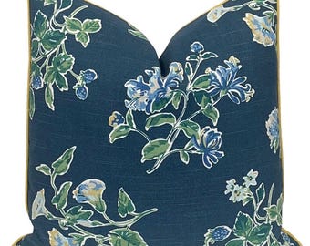 Blue and Green Floral Decorative Pillow Cover | Robert Allen Halsey Court in Indigo | Home Decor | Bedroom- Livingroom