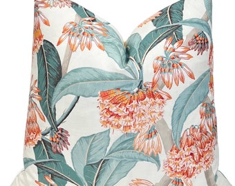 Vervain Himalayan Floral Blue Coral Pillow Cover | Tropical Floral Pillow | Home Decor Designer  Throw Pillow