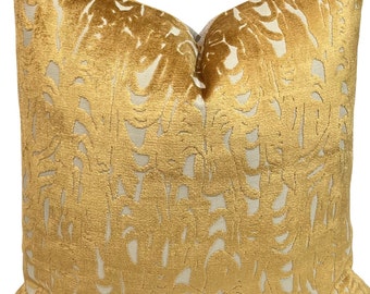 Gold Abstract Cut Velvet Pillow Cover: Designer Throw Pillow