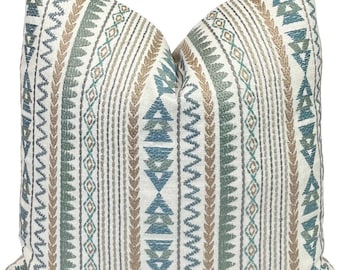 Blue Green Embroidered Ethnic Stripe Pillow Cover | Kendall Wilkinson Pyrenees Rain | Home Decor Designer Throw Pillow