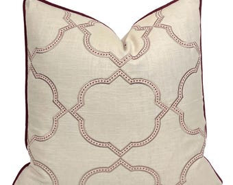 PAIR French General Orsay Sienna Pillow Cover - Red Beige Embroidered Lattice Pillow | Home Decor Designer Throw Pillows