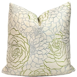 Aqua Green Floral Pillow Cover: Silk Linen Brocade Accent Pillow