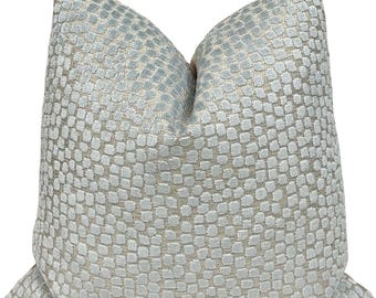 Blue Cut Velvet Geometric Spots Pillow Cover - Kravet Flurries Seaspray - Designer Throw Pillow Cover | Thom Filicia Design Fabric