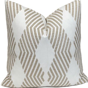 Geometric Diamond Embroidered Pillow Cover: Beige Crewelwork on Linen - Throw Pillows