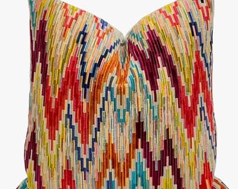 Kravet Couture Cut Velvet Ikat Flame Stitch Pillow Cover | Designer Multicolor Throw Pillow - 22x22