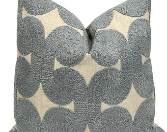 Slate Grey Geometric Boucle Embroidered Pillow Cover | Contemporary Throw Pillows