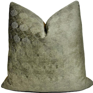 Moss Green Chenille Pillow Cover: Geometric Hexagon Design