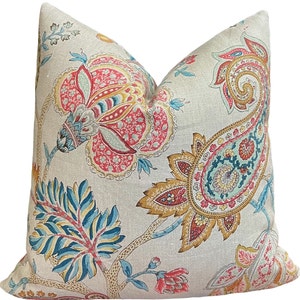 Sonnet Teal Coral Jacobean Floral Linen Pillow Cover | Decorative Pillow | Multicolor Flora Pillow | Accent Pillow | Home Decor