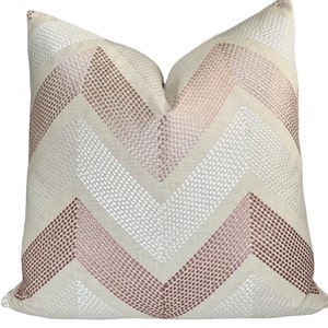 READY TO SHIP - Blush Pink Silver Embroidered Geometric Chevron Pillow Cover | Throw Pillow in Zap Blush | Designer Decorative Pillow