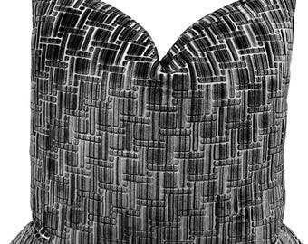 Kravet Couture Inside Tracks Anthracite Artisan Velvet Pillow Cover | Dark Grey Geometric Cut Velvet Throw Pillow
