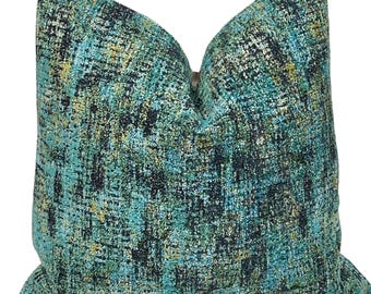 Aqua Teal Abstract Chenille Woven Pillow Cover | Modern Contemporary | Throw Pillow
