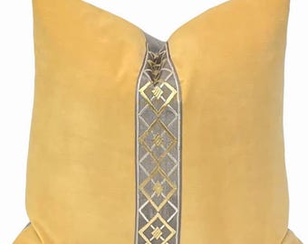 Saffron Strie Velvet Pillow With Gold Grey Geometric Trim | Designer Home Decor Throw Pillow