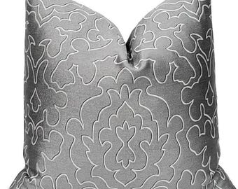 Silver Grey Contemporary Modern Damask Floral Pillow Cover - Design Fabric | Throw Pillow | Designer Pillow