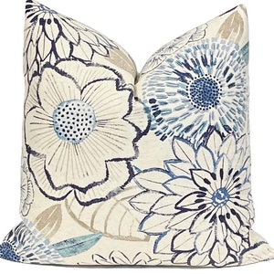 Blue Floral Print Pillow Cover: Cotton Linen Blend Throw Pillow