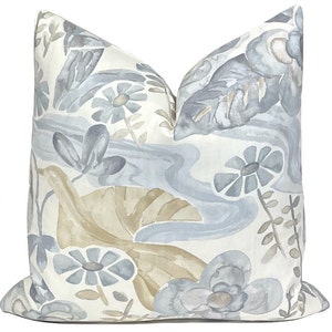 Watercolor Floral Bird Pillow Cover: Kravet Faerie Cloud, Barbara Barry Design