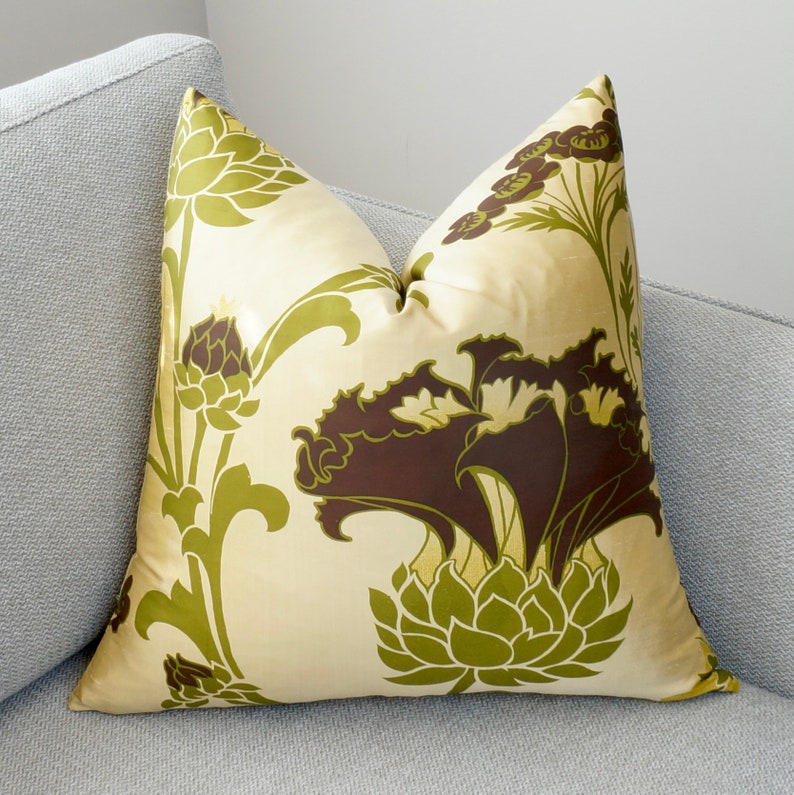 Accent Pillows PAIR High End Pillow Green Brown Floral Silk Pillow Cover Kiss Olive Modern Floral Designer Pillow