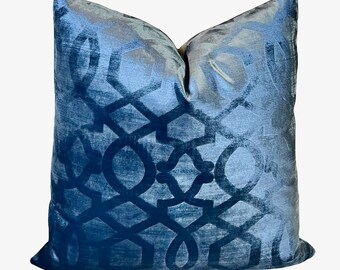 Blue Geometric Lattice Velvet Pillow Cover | Lustrous Velvet Pillow | Designer Decorative Pillow | Iman Home | Throw Pillow Covers