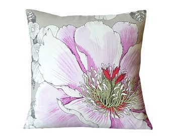 Designer Gray Fuchsia Hibiscus Floral Pillow Cover | Amanda Cushion Cover Tanja Orsjoki | Designer Pillow | Home Decor | Toss Pillow