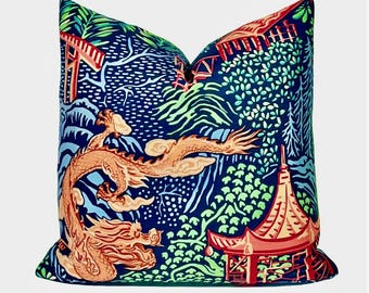 Trend Navy Blue Chinoiserie Pagoda Dragon Pillow Cover | Vern Yip Designer Pillow | Home  Decor Throw Pillow